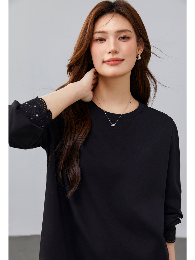 [Fashion Lace Stitching Design Sense Slim T-Shirt] Slim Show plus size Women's Fat mm2025 Spring New