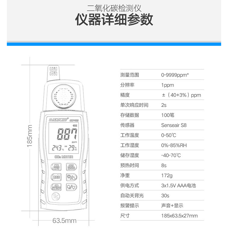 Shendawei SW-723 Carbon Dioxide Detector CO2 Gas Concentration Meter Alarm Industrial Breeding