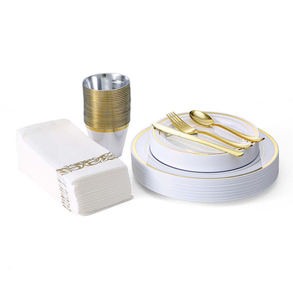 Готовые одноразовые столовые приборы с золотой окантовкой, набор для дня рождения, кросс-бордер, Amazon Xiyin