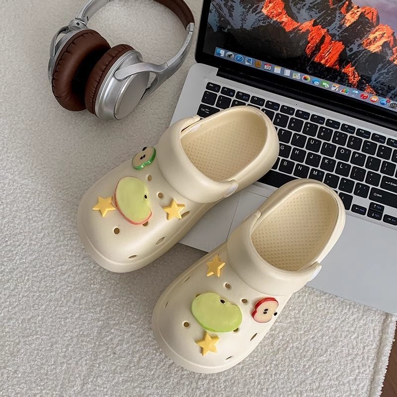 Милые толстые сабо в форме яблока для женщин, модная уличная обувь, дышащие с закрытым носком сандалии на лето 2025