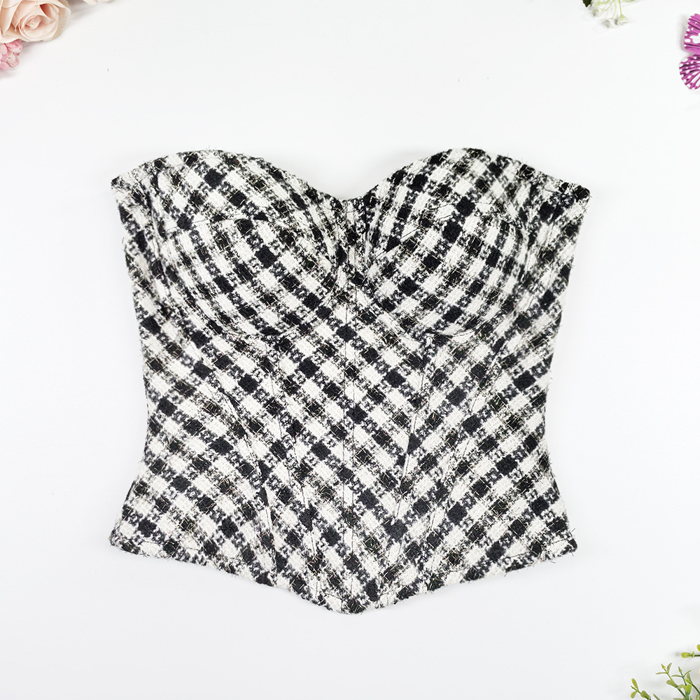 French Design Niche Wide Shoulder Strap Strapless Beautiful Back Zipper Strap Houndstooth Body-Shaping Fishbone Top Outer Wear