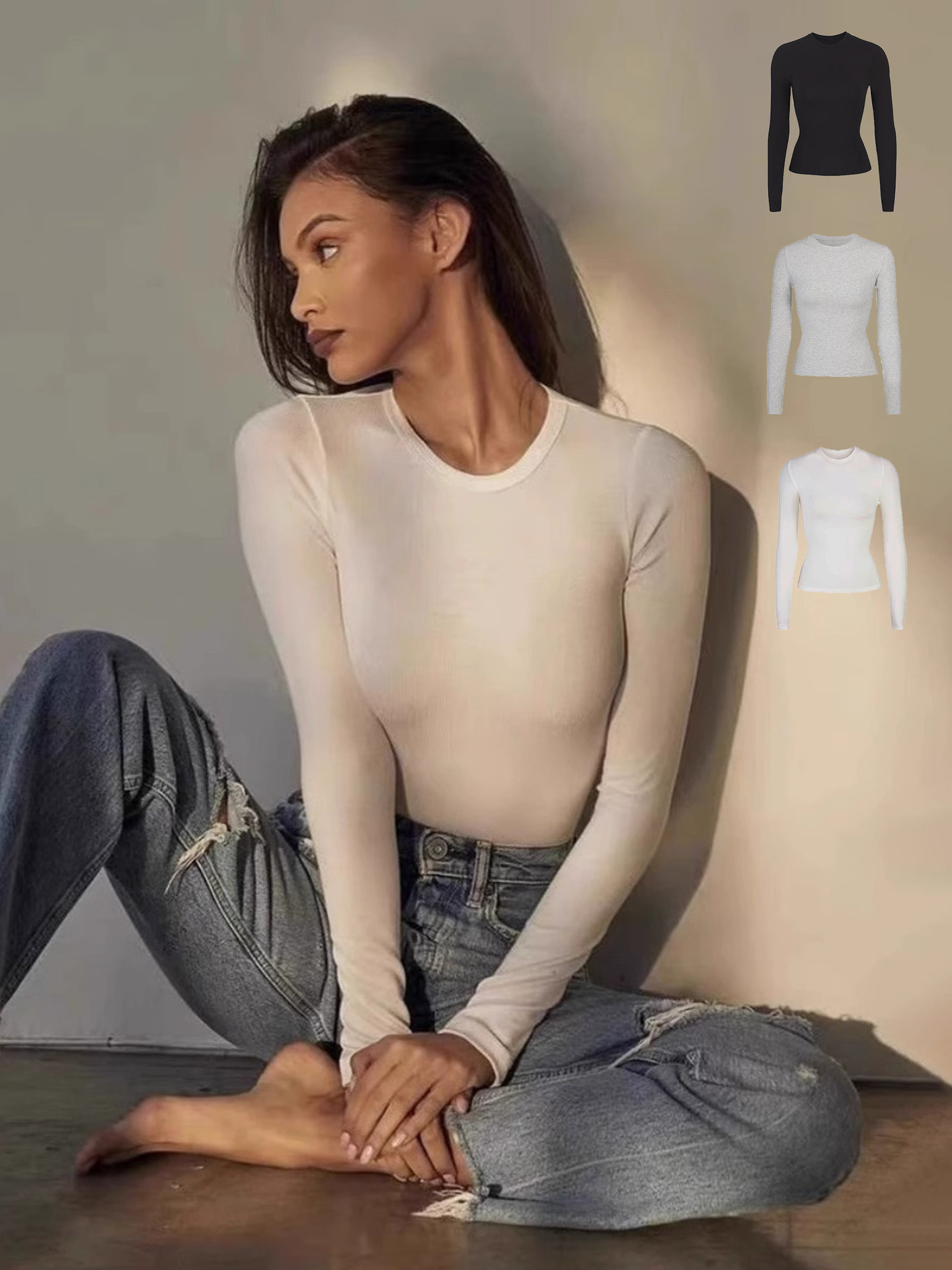 В наличии, американская стильная футболка из модала, облегающая, с длинным рукавом, базовая одежда для женщин