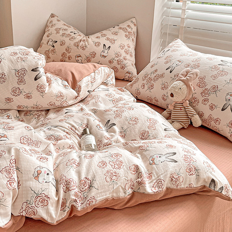 Ins Quilt Cover Full Set of Four Pieces Three-Piece Set Quilt Washed Cotton Bed Sheetss College Dormitory Bedding