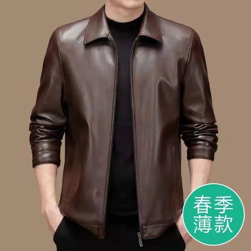 in stock Haining PU Soft Leather Men's Lapel Coat Winter fleece-lined Leather Jacket Casual Loose Dad Clothes
