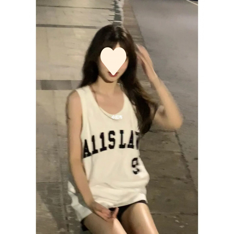 Summer Round Neck Student Mid-Length Retro Letter Print Loose Sleeveless Sports Vest T-Shirt Top Women's Ins Trend