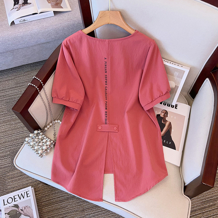 Plus Size Women's Back-Slit Short-Sleeve T-Shirt, Summer 2025 New Korean Style, Loose Fit, Slimming, Figure-Flattering V-Neck Top for Women