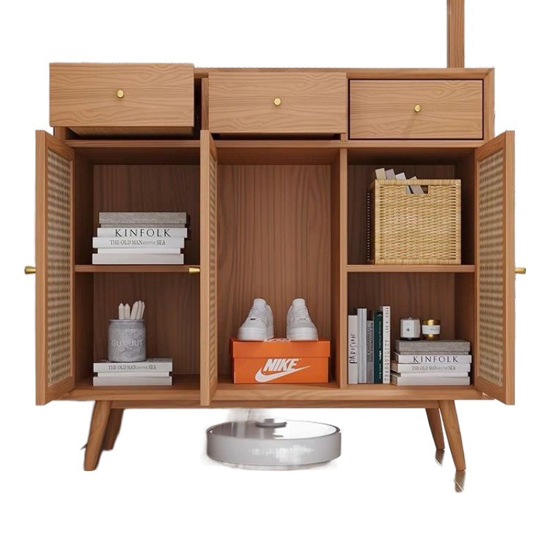 Japanese-Style Cherry Wood Entryway Rattan Cabinet with Long Rainbow Glass, Small Apartment Partition Cabinet, Foyer Screen Integrated Shoe Cabinet