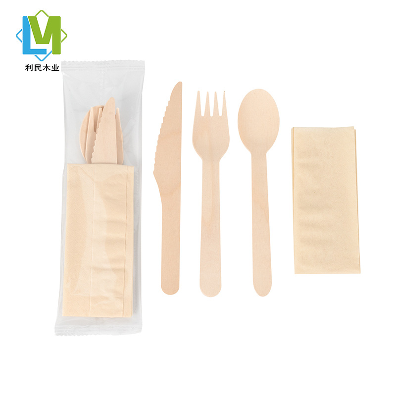 Wooden knife, fork and spoon tableware disposable independent Kraft paper OPP bag packaging try eating fork and spoon dessert can add logo