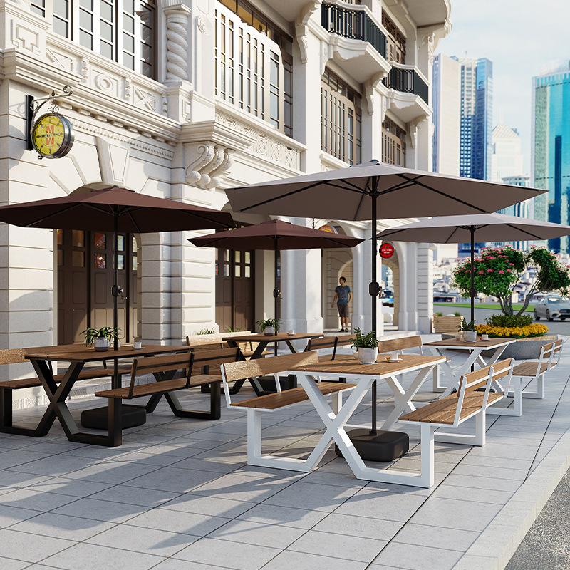 Outdoor Plastic Wood Table and Chair Combination with Backrest and Parasol for Shopping Malls, Cafes and Milk Tea Shops with Outdoor Dining Tables and Chairs