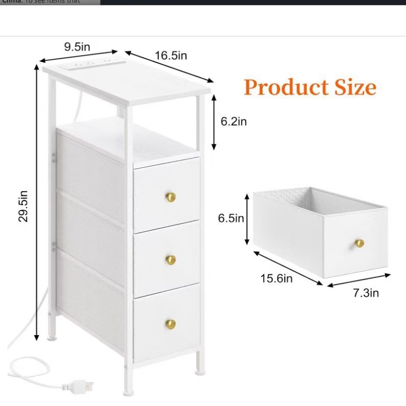 Custom Explosive Narrow Side Bedside Cabinet with Charging Station, Small Bedside Cabinet with Three Fabric Drawers