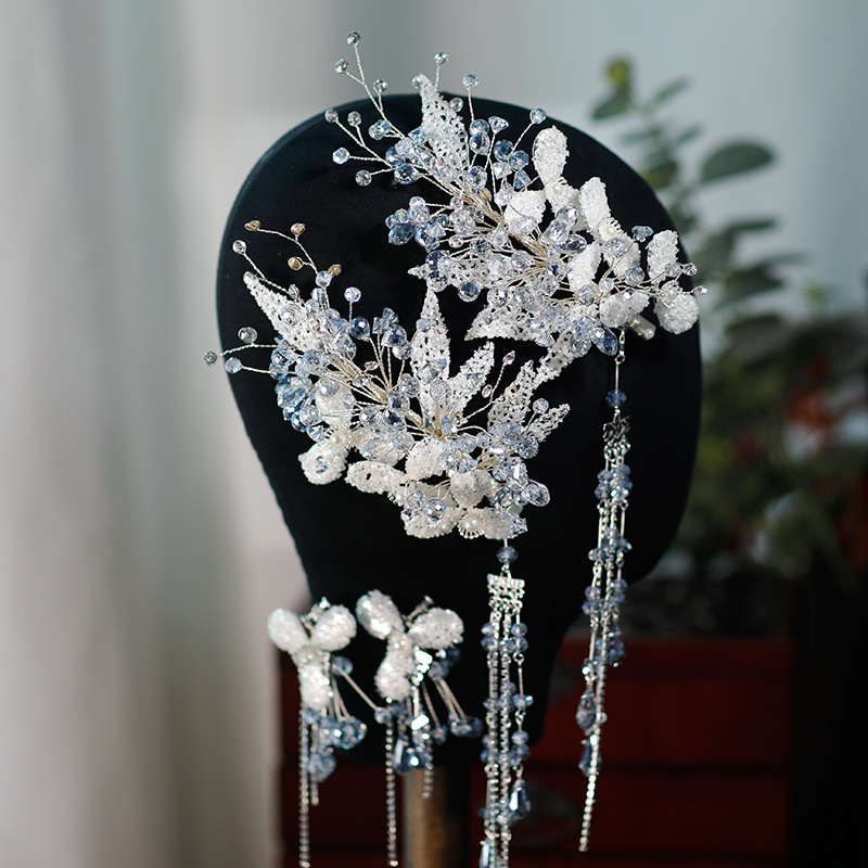 Fashion New High-grade Blue Grey Gold Silk Petal Zircon Crystal Tassel Bridal Hair Accessories Earrings Bridal Dress Accessories