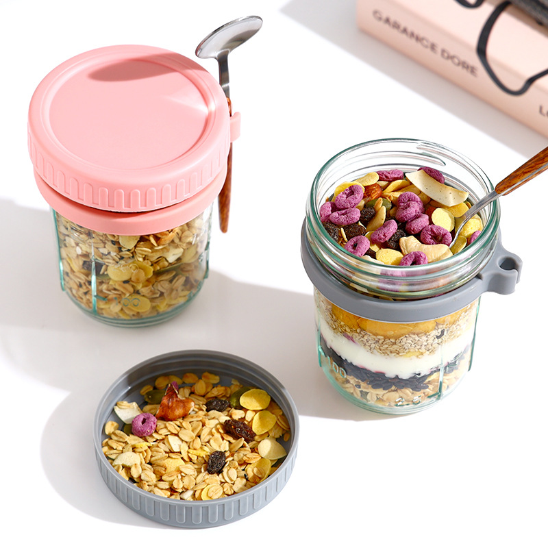 Amazon Overnight Oatmeal Cup Glass with Lid and Spoon Mason Cup Sealed Breakfast Cup Salad Jar yogurt cup