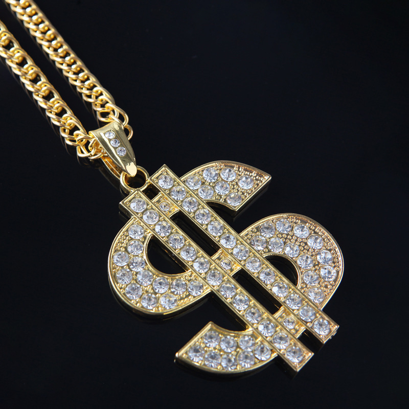 European and American exaggerated hip hop domineering thick dollar symbol necklace alloy Diamond-embedded personality trendy men's big pendant jewelry