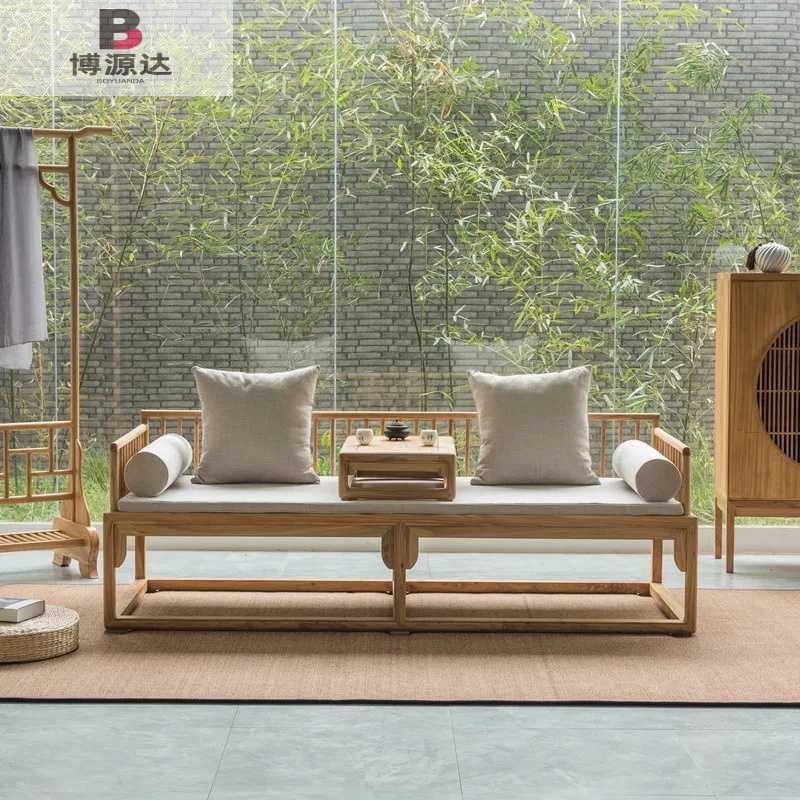 New Chinese-style Solid Wood Luohan Bed Simple Elm Lying Bed Living Room Balcony Courtyard Cotton Zen Tatami Wooden Bed