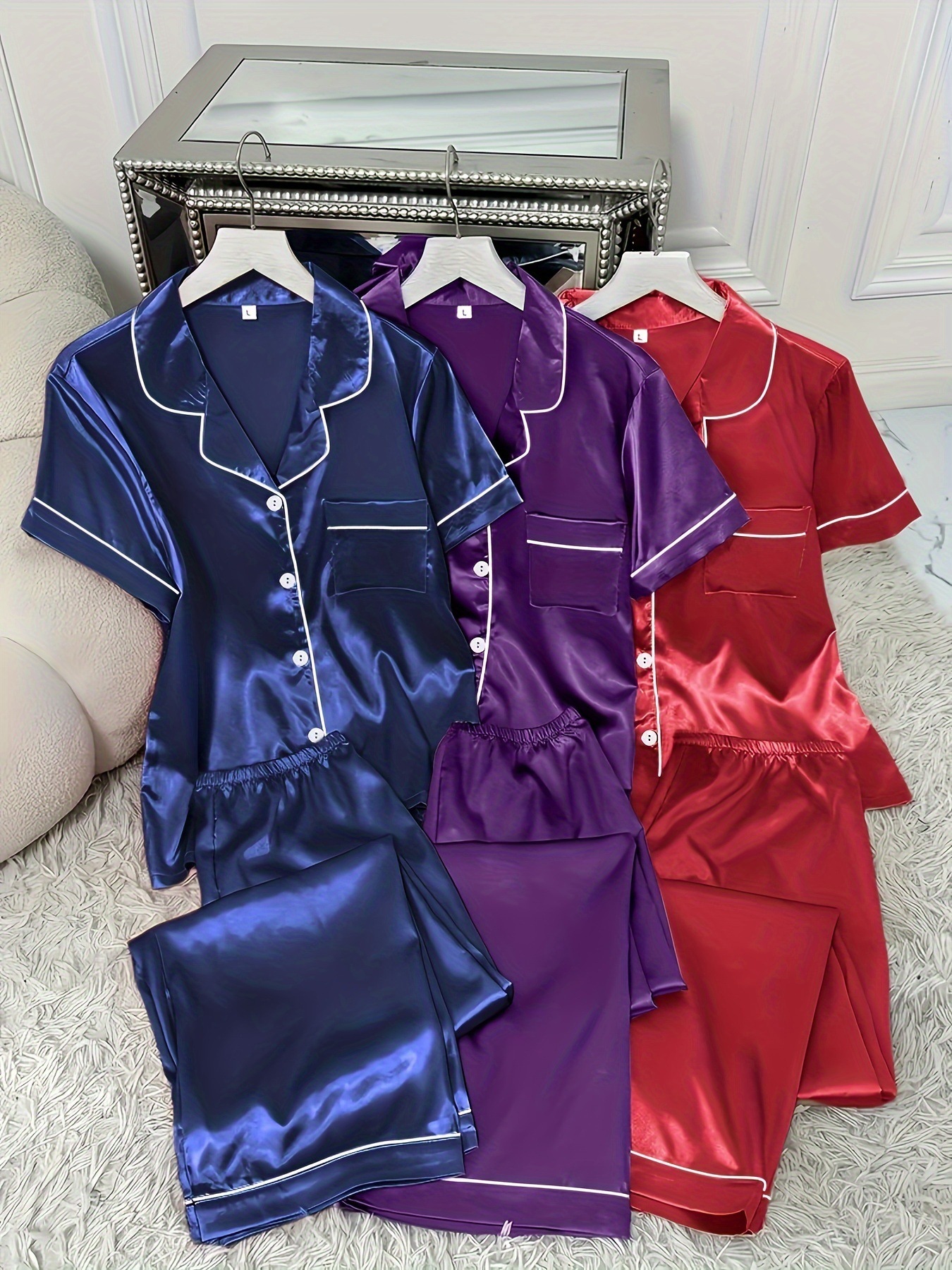 3 Sets Women's Solid Satin Casual Pajama Set, Short Sleeve
