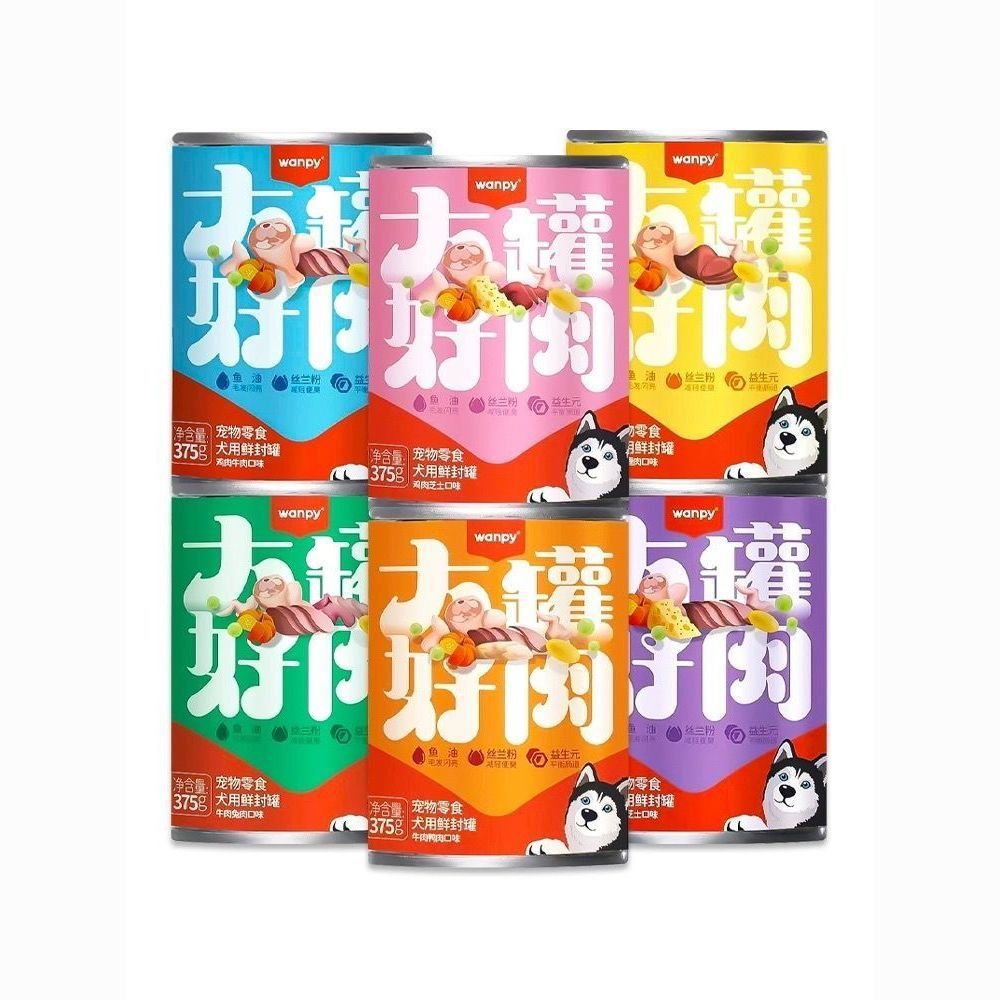 [Блестящая шерсть] Консервированные лакомства Wanpy для собак, большая банка, хорошее мясо, свежая запечатанная банка 375г