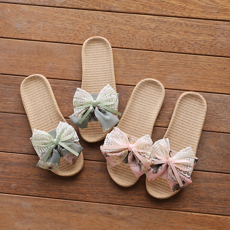 Slippers for Women Summer Indoor and Outdoor Home Linen Floor Non-Slip Office Home Home Cute Bow Sandals Slippers