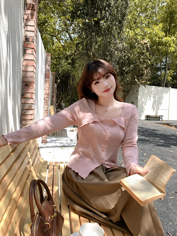 Plus Size Belly-Covering Right Shoulder Square Collar Asymmetrical Long-Sleeved T-Shirt for Women in Autum Fat mm Slimming Look Inner Layering Shirt 63509