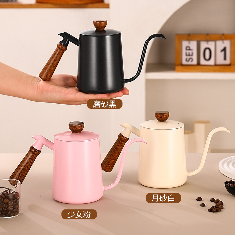 304 Stainless Steel Wooden Handle Pour-Over Kettle with Teflon Long Spout, Gooseneck Kettle, Coffee Pot, Narrow Spout Kettle, Household Cross-Border Hot Sale