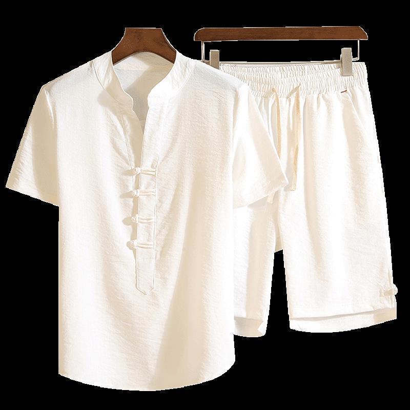 Plus-Size Chinese-Style Linen Suit for Men, Summer Short-Sleeve Cotton and Linen Retro Tang Suit