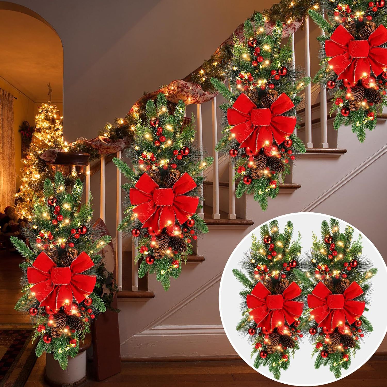 Christmas Wreath Christmas Tree Staircase Garland Building Hanging Bow Decorations Christmas Nordic Home Decor