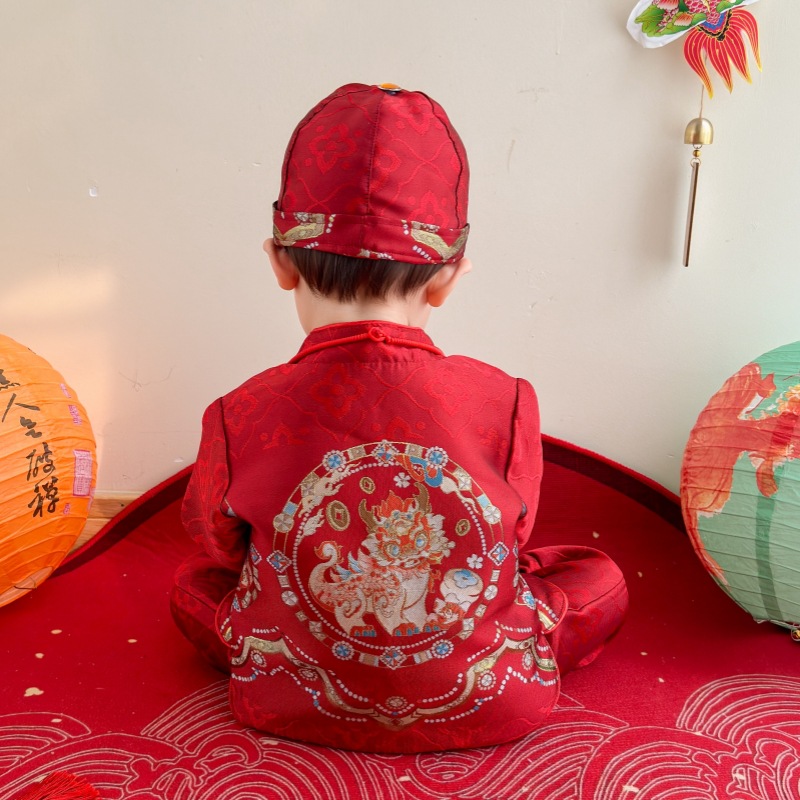 25 New Baby Tang Suit New Chinese Men's Treasure Grasp Zhou Suit Red Festive Kirin suit Hundred Days Birthday Banquet Dress