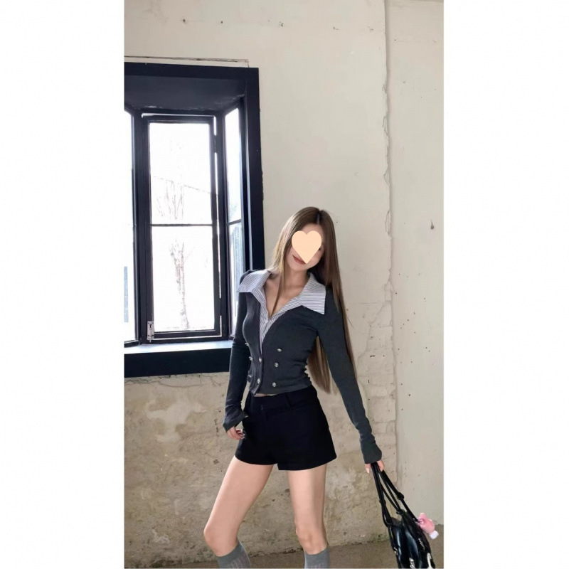 Korean Style Casual Fake Two-piece Color Matching Collar Long-sleeved Shirt Base Shirt Women's Autumn Slim-fit Inner Short Top