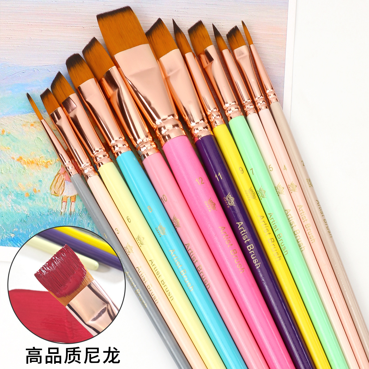 12 Colorful Nylon Hair Brush Set Mixed Art Supplies Beginner Painting Wall Painting Pigment Board Brush Brush