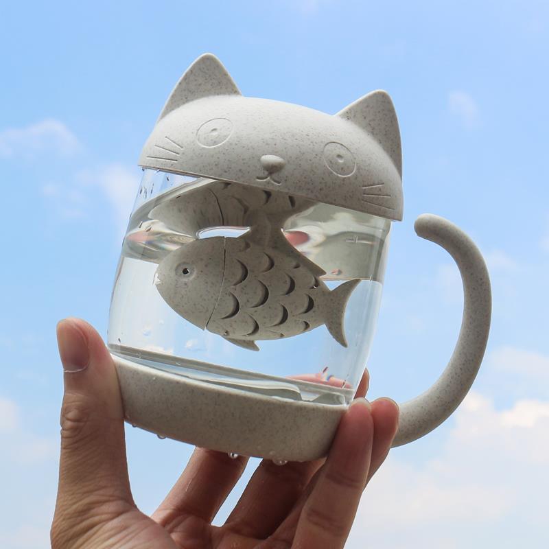 Kitten, Fish, Tea Cup, Girl's Birthday Mug, Office Cute Tea Cup, Home Glass Cup