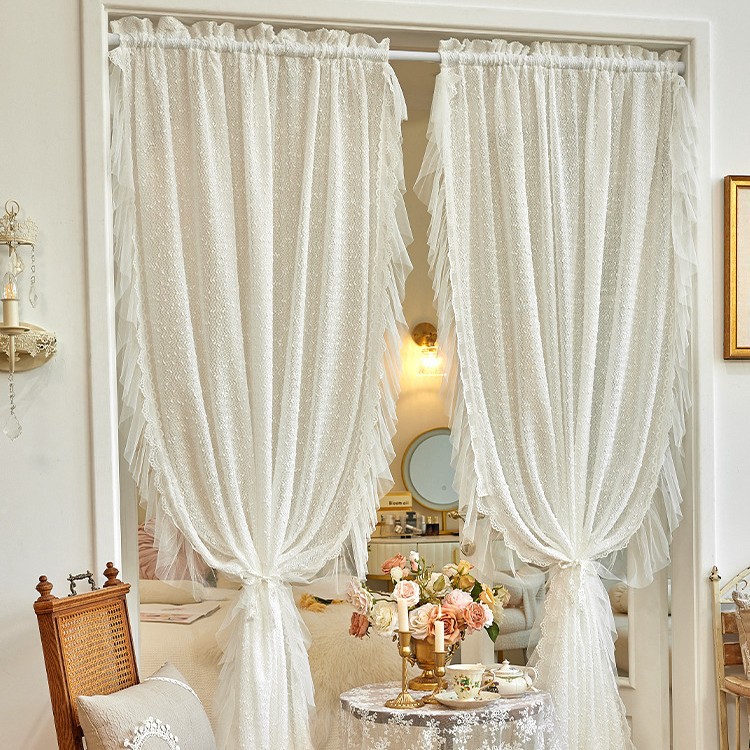 Занавеска в стиле Шанель, однотонная кружевная полупрозрачная занавеска, без сверления, с штангой