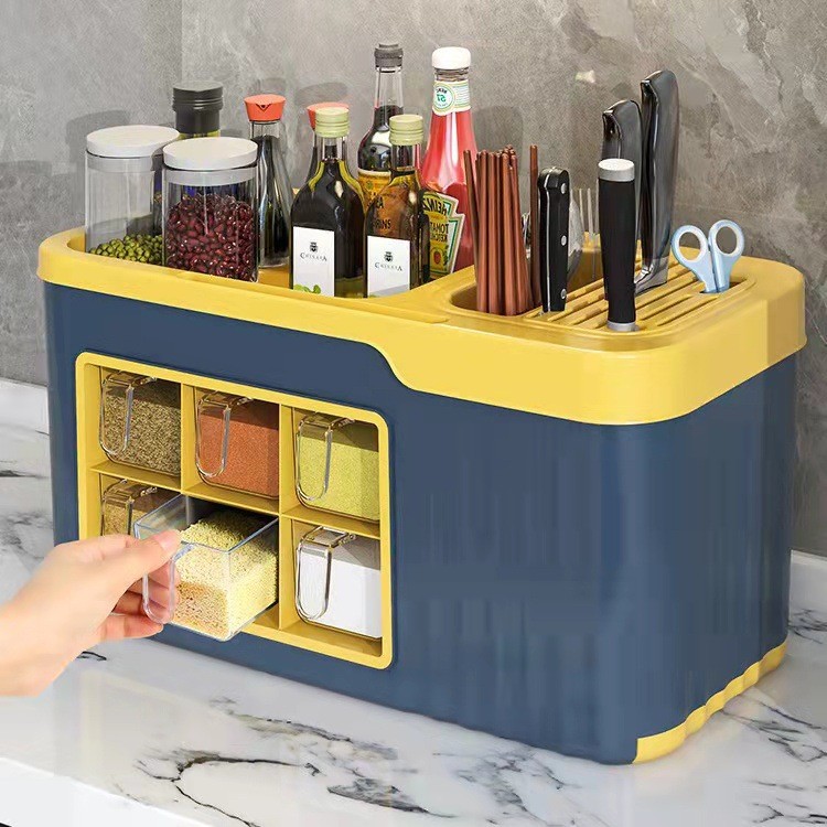 Kitchen Rack Plastic Punch-free Seasoning Storage Box Multi-functional Chopsticks Knife Seasoning Bottle Integrated Storage Rack