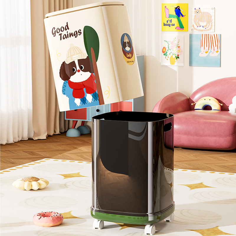 2025 New Wheeled Trash Can Cartoon High-Looking Home Living Room Bedroom Double-Layer Press Storage Bucket with Lid