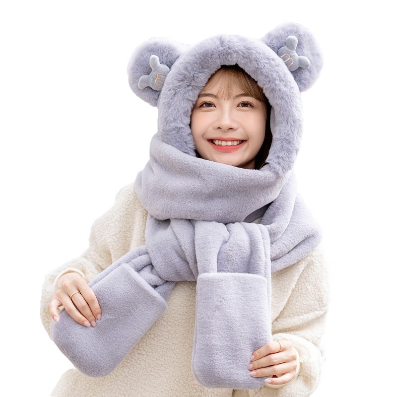 Bear hat women's three-piece Korean-style cute Mickey hooded scarf integrated warm gloves ear protection scarf winter