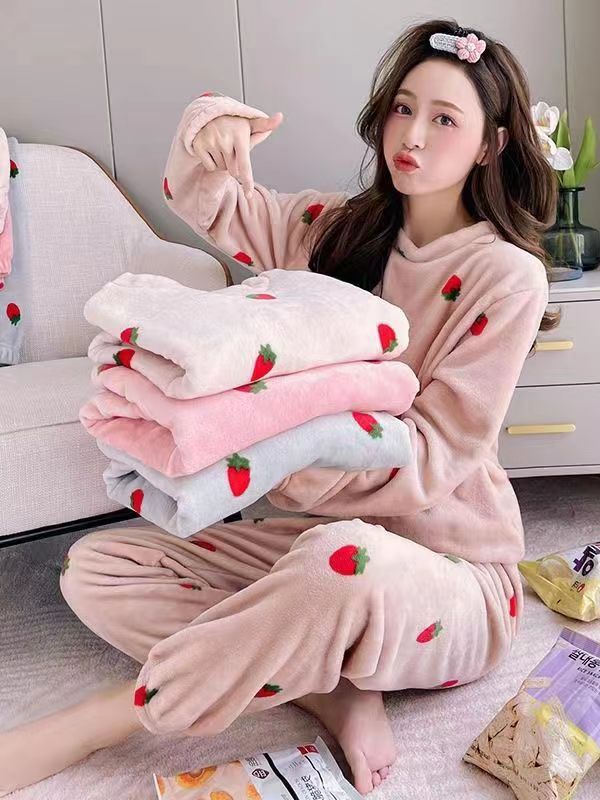 Pajamas women's autumn and winter fleece-lined thickened coral fleece warm bottoming suit student bottoming warm home wear can be worn outside