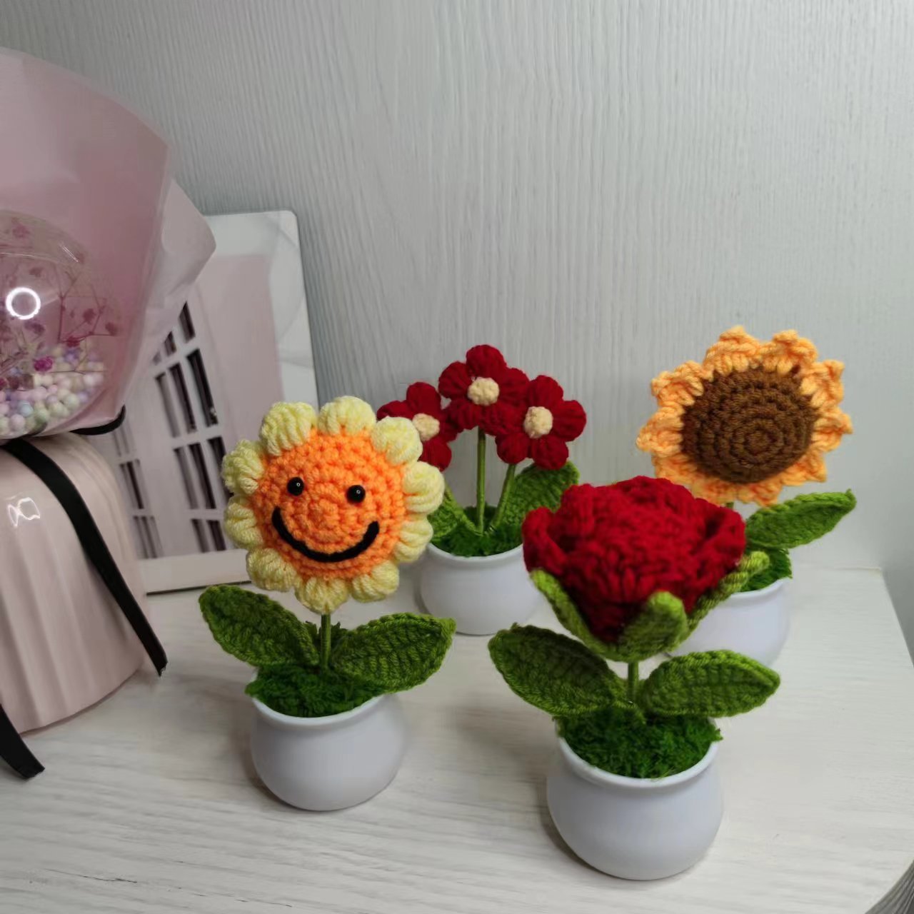 Sunflower Potted Hand-Knitted Wool Crochet Ornaments Rose Knitted Flowers Children's Teacher's Day Gifts Wholesale