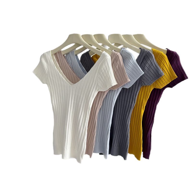 Korean Style Gentle Simple and Free V-neck Vertical Pit Knitted T-shirt Women's Design Sense Spring and Summer All-match Pure Desire Short Sleeve Top