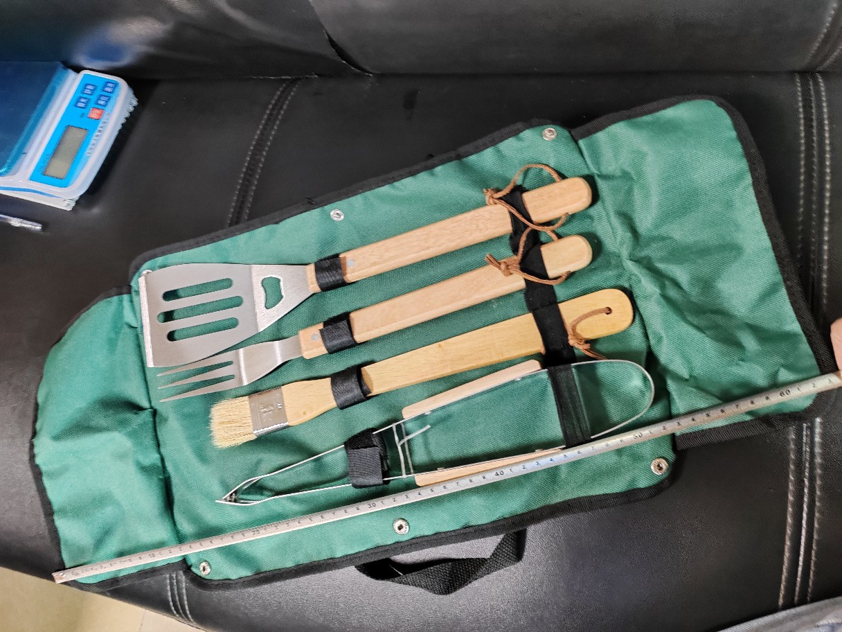 Factory wholesale stainless steel outdoor barbecue tools suit in stock tote bag wooden handle rotisserie 5 piece set