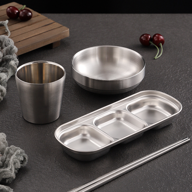 Directly Supplied Korean 304 Stainless Steel Dish Set, Golden Disc Cup, Dipping Saucer, Chopsticks and Spoon, Commercial Barbecue Restaurant Tableware