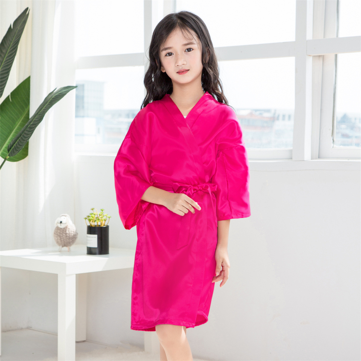 Cross-border Classic Solid Color Children's Party Foreign Trade Summer Plain Thin Imitation Silk Sade Thin Cardigan Nightgown