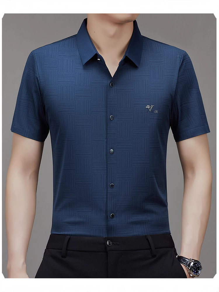 Summer New Men's Short-Sleeved Shirt Business Seamless Printed Plaid Shirt Casual Top Anti-Wrinkle No Ironing Drop Shipping