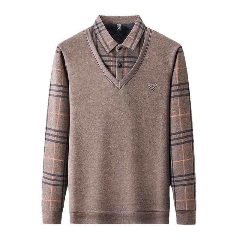 Dad's Fake Two-piece Men's All-match Winter fleece-lined Thickened Base Shirt Men's Middle-aged Shirt Collar Warm Top
