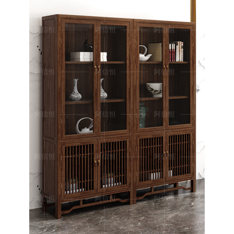New Chinese Style Black Walnut Home Study with Glass Door Display Cabinet Large Display Cabinet Solid Wood Bookshelf Bookcase Combination