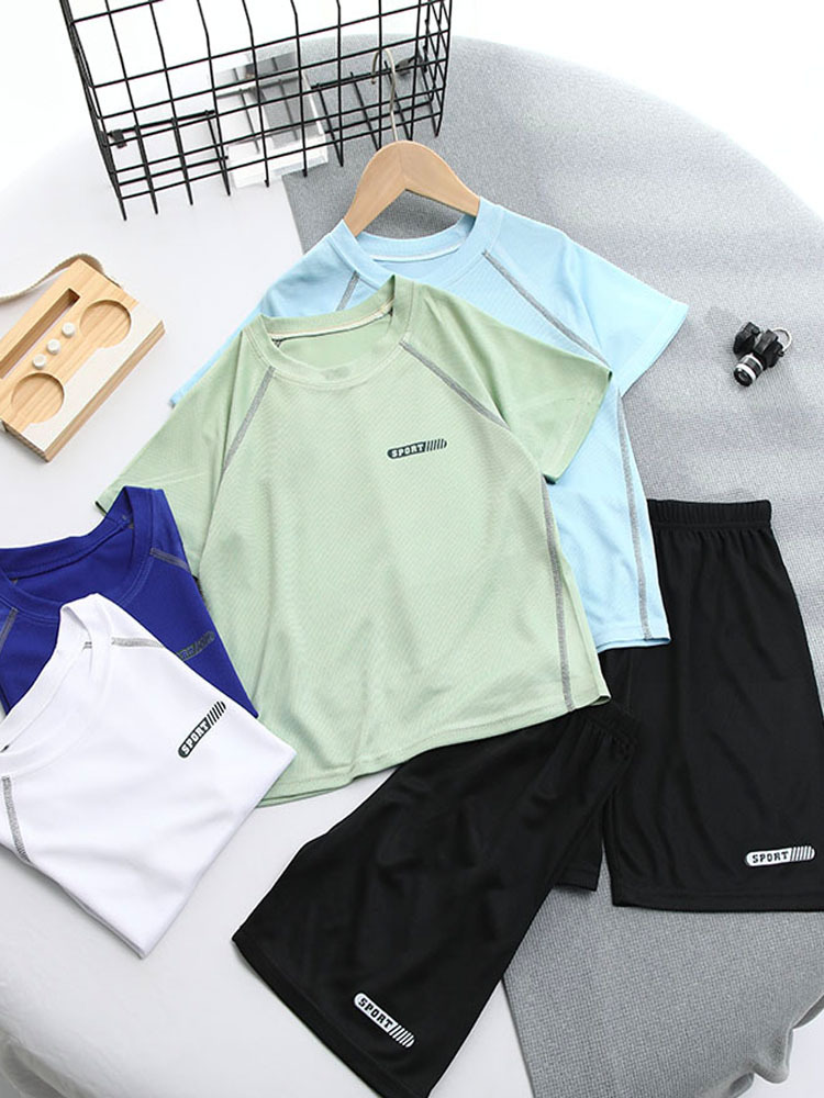 Boys' Quick-drying Short-sleeved Shorts suit Summer 2025 New Mesh Children's Sports Two-piece Set Large Children's Ice Silk