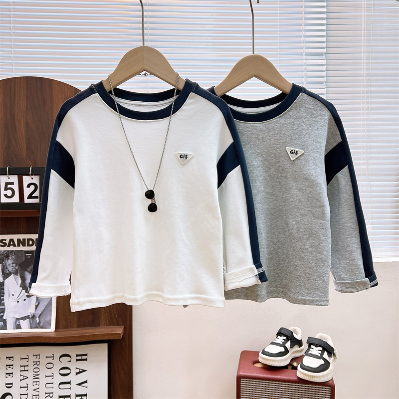 Boys Base Shirt New Round Neck Loose T-shirt Cotton Stitching Long Sleeve Top Simple All-match Children's Sweater Fashion