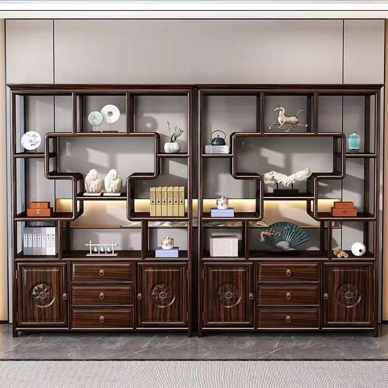 New Chinese Style Ebony All Solid Wood Antique Rack Living Room Hallway Duobaoge Tea Display Cabinet Zen Villa Tea Room