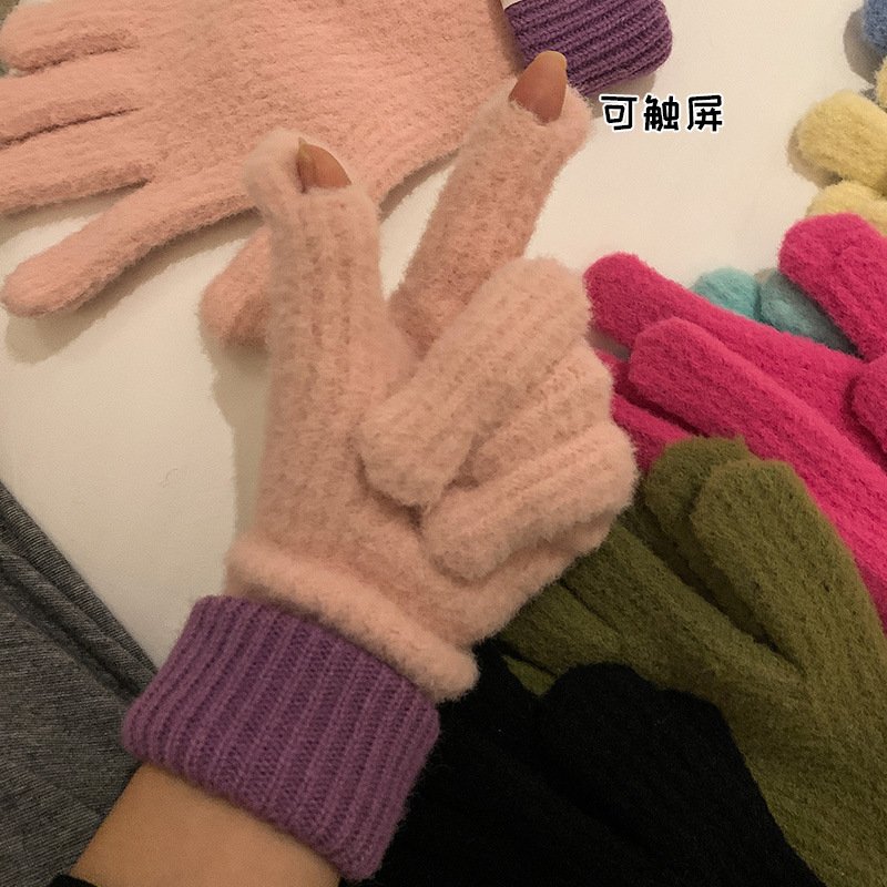 Colorful Warm Wool Gloves Women's Autumn and Winter New Knitted Touch Screen Winter Riding Five Finger Cold-proof Solid Color