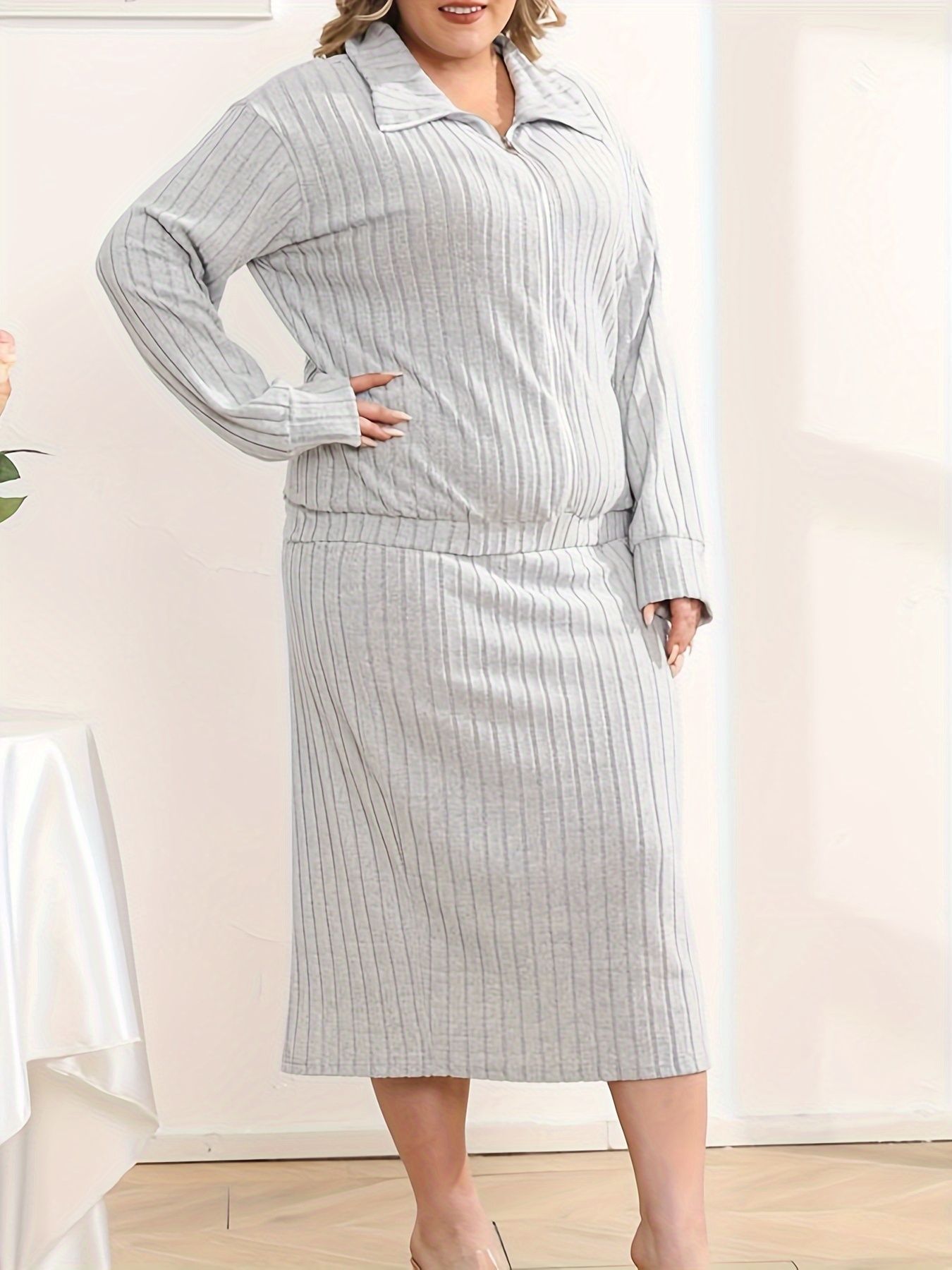 Simple Casual Elegant Long-sleeved Zipper Cardigan melange gray V-neck Casual Knitted Dress Set