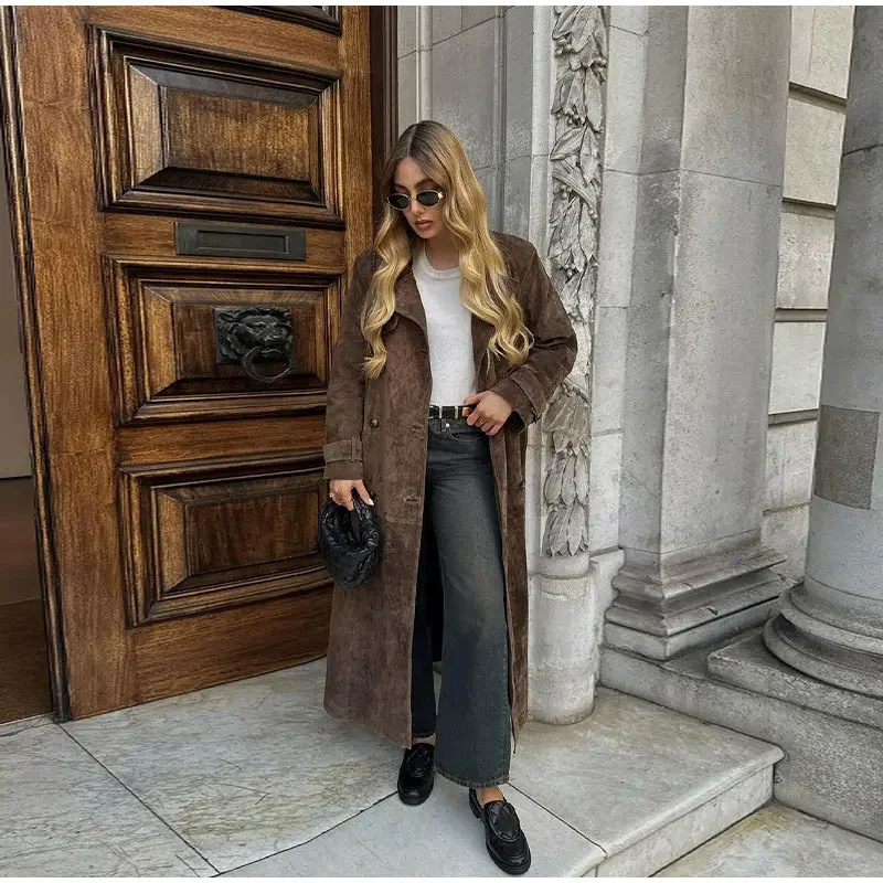 Кросс-бордерная европейская и американская женская куртка AliExpress ретро хаки двубортная из искусственной кожи