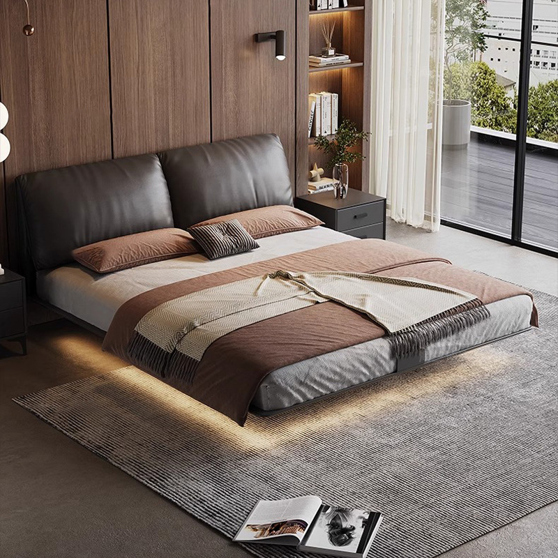 Elephant Ear Steel Frame Suspension Bed Italian Minimalist Leather Bed 1.8 m Master Bedroom Soft Bed Carbon Steel Bed Black