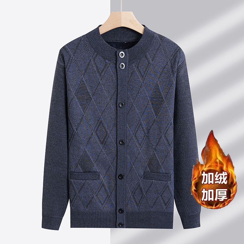 A generation of men's casual fleece-lined warm autumn and winter cardigan collar coat dad winter jacquard sweater